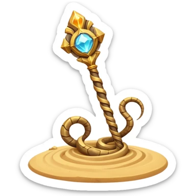 desert sand mage staff object icon, ancient staff with serpent coils around it, glowing golden sand gem on top, swirling sand aura, fantasy desert weapon, 3D cartoon, mobile game icon style, centered, clean background, no text, no watermark
 sticker
