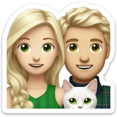 Blonde girl with long wavy hair and green eyes and blonde boy with blonde short hair and blue eyes wearing a vest, the couple is holding a scottish straight white cat green eyes sticker