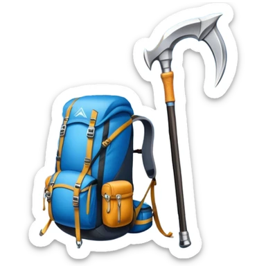 Icon for Mountain Tourism and Climbing: a mountain peak in the background, an ice axe, and climbing gear and backpack. The icon should capture the adventure and challenge of alpine exploration. Transparent background. sticker