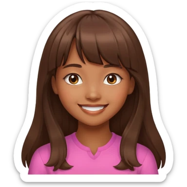 chica morena linda con cabello largo y fleco, expresión sonriente sticker