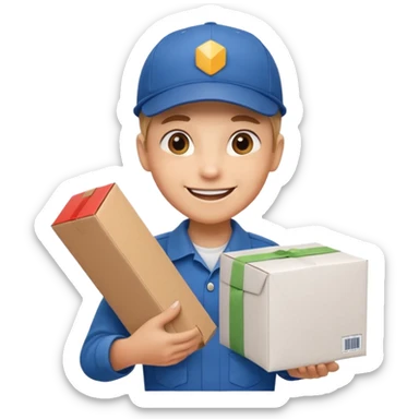  delivery worker holding a cardboard package. Wearing a cap and uniform shirt, smiling expression. Rounded, glossy, smooth, soft shadows, white background.




 sticker