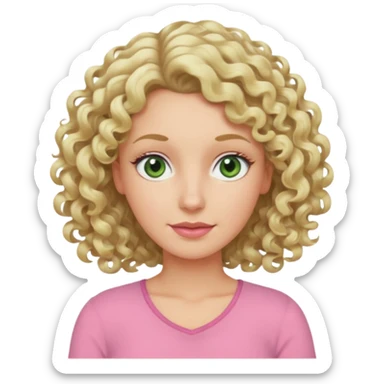 a woman in her late 40s and has greyish greenish eyes and blonde curly hair wearing a pink top sticker