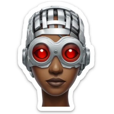 Red skin female cyborg head with silver goggles, silver circuits sticker