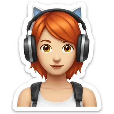 red hair gamer girl with cat ear headphones sticker