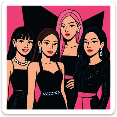 Blackpink K-pop group, pink and black color scheme, glamorous, confident expressions, stylish modern fashion sticker