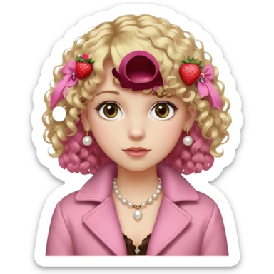pale girl , who has curly medium length blonde and curly bangs, narrowed hazel eyes , slightly dark but shiny brown shadow, in a dark brown jacket with fur on the shoulders , wearing a pink laced camisole, wearing pearl earrings, wearing a strawberry hairclip sticker