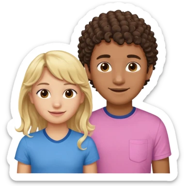 Menino de pele morena de olho castanho meio preto e cabelo cacheados ralo e blusa azul e menina loira de cabelos longos e franja na testa sorrindo com blusa rosa sticker