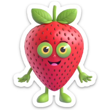 3D adorable anthropomorphic strawberry, round face, green leaf hair, pink-red skin with seeds, big expressive eyes, no limbs, kawaii Japanese vibe sticker