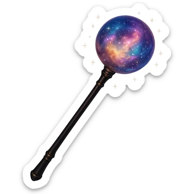 a sleek wand with a glowing nebula orb at the end, surrounded by tiny stars, mystical and celestial, fantasy art sticker
