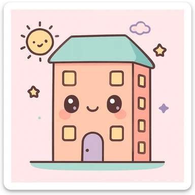 apartment building, kawaii chibi anime style, flat pastel colors, thick outlines, simple cute features, sunny day sticker