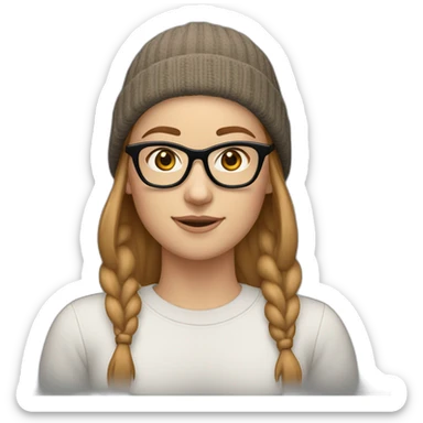 30 year old white woman short straight light brown hair with a beanie on her heard and glasses sticker