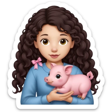 Ragazza bellissima capelli lunghi scuri con piccolo maialino sticker