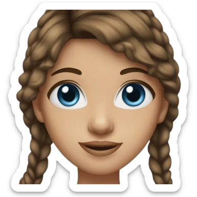 young woman with brown hair, blue almond-shaped eyes and earring sticker