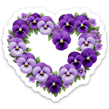 A meticulously crafted heart-shaped floral arrangement featuring deep lilac hues and delicate ice violet pansies, elegantly intertwined with amethyst-colored blossoms and soft pastel purple accents, rests gracefully upon a luxurious pearl satin fabric, shimmering under the light with intricate silver embellishments. sticker