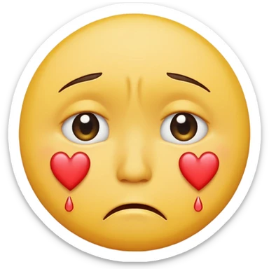 A yellow circular frowning face that is crying, with hearts floating from top to bottom sticker