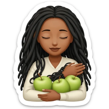Soft feminine emoji with deep brown skin (Apple’s darkest), long black locs, eyes closed, gently cradling locs. Rounded, simple features, subtle smile. Clean, minimal Apple-style vector art, transparent background. sticker