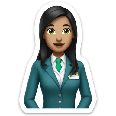 Flight attendant with long black hair, white skin and green eyes and a blue scarf sticker