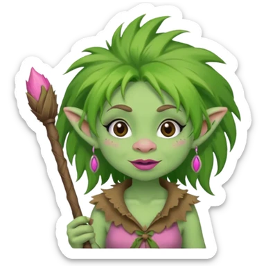 A green troll with green hair and brown and tan raggedy clothes on holding a brown stick with pink lipstick, long eyelashes and pink nails sticker