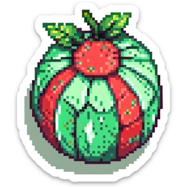 Green digital bomb animation frame 2, round bomb body with green highlights, shorter leaf-shaped fuse at top, small green glow, nature-inspired design, pixel art style sticker