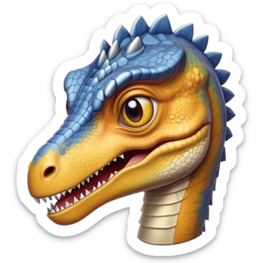 Cinematic Realistic Cute velociraptor/T-rex Portrait Emoji, Head tilted playfully and inquisitively, featuring a compact, slightly rounded build with intricately detailed, textured scales in natural hues and a surprisingly endearing face with bright, curious eyes, rendered with lifelike clarity and warm natural light, high shine, affectionate and quirky, styled with a touch of prehistoric whimsy, soft glowing outline, capturing the essence of a mischievous yet lovable velociraptor/T-rex that seems poised to stomp playfully into your arms! sticker