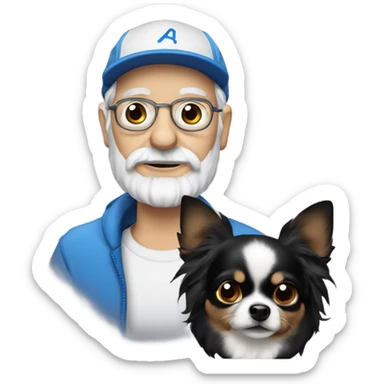 Old man with ‘blue eyes’ goatee beard ball cap holding black long haired chihuahua sticker