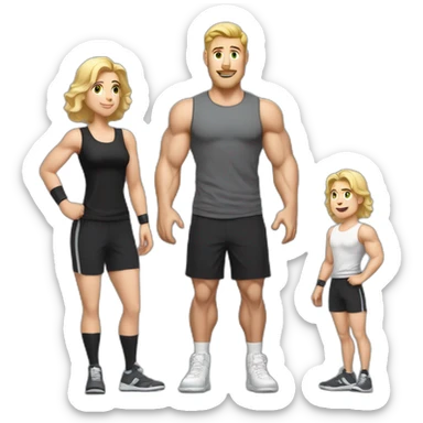 Full height Actively gesturing with hands Pale skinned fit man With the biceps and blonde hair In dark gray sleeveless mike, black oversize sports shorts, watch and white sneakers sticker