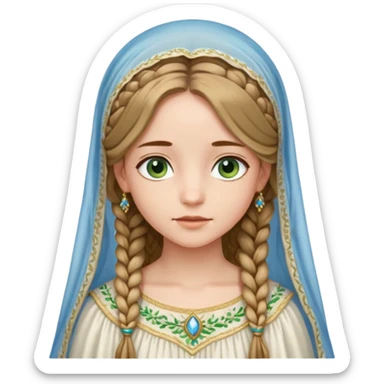 Joven de unos 20 años, de aspecto dulce y elegante.
Piel clara, ojos expresivos (pueden ser azules o verdes)
Rubio o castaño claro, largo, con trenzas o velo.
Vestido largo de tonos suaves (blanco, azul o lavanda), con bordados dorados; un manto o toca fina cubriendo la cabeza. sticker