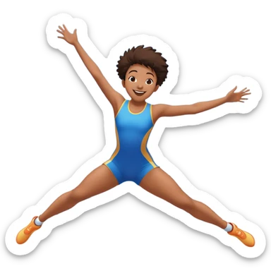 A joyful person mid-air, bouncing high on a trampoline with dynamic motion lines. Their body is stretched in an acrobatic pose, arms wide, legs bent. The scene is full of energy, with a bright blue sky and a fun, playful atmosphere representing excitement and agility. sticker