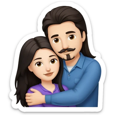 a white girl with long black hair hugging a white guy with brown hair goatee mustache sticker