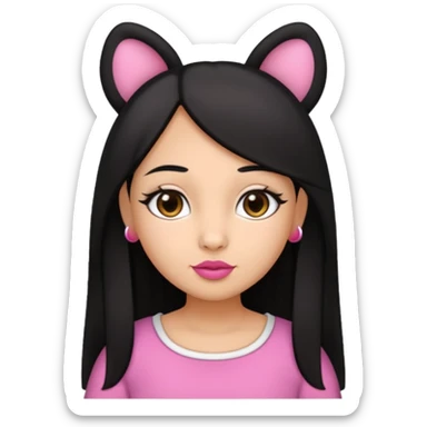 Gordita, ojos pequeños de color cafe oscuro, labios pequeños y rosados, piel trigueña, orejas pequeñas, cabello largo lazio y negro, pequeña. cuerpo completo. sticker