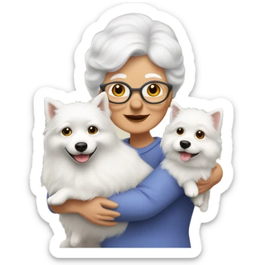 grandma with dark blonde hair hugs a white spitz dog. the grandma hair is dark blonde color sticker