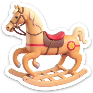 rocking horse, 3D, vintage, light wood, hand-carved details, no text sticker
