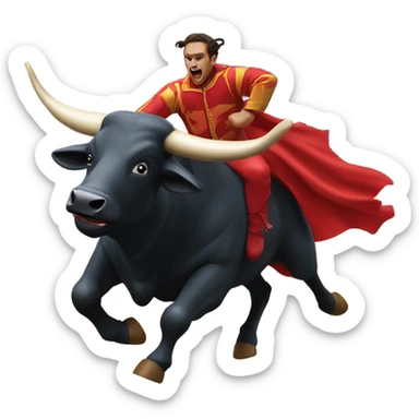 A big red bull with sharp horns chasing the matador. sticker