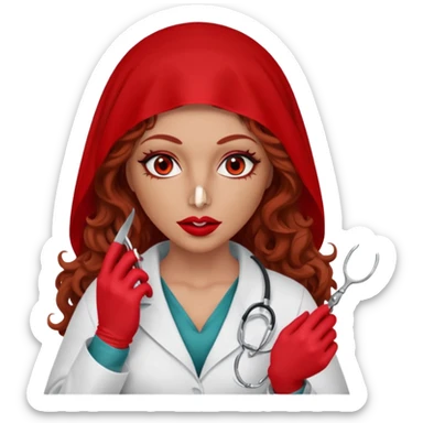Lilith scalpel in hand, evil surgeon sexy surgeon clothes.  She has red eyes. She brown long curly hair. Wears sexy doctor outfit with red gloves.hair is free and brown  Wears red burka to hide her mouth and nose sticker