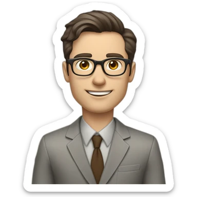 Pale skinned fit man with dark brown hair in gray jacket, beige office shirt, brown tie, brown pants and vintage glasses Writing on the marker board sticker