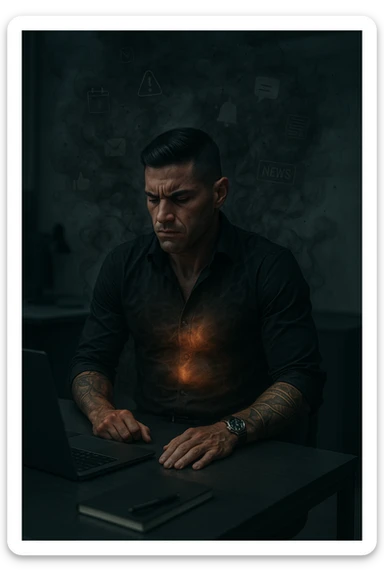 A highly realistic, cinematic image of a young man in his early 30s, sitting at a modern office desk under harsh artificial lighting, shoulders hunched, jaw clenched, and breathing shallowly, symbolizing how modern society forces people to live in a state of chronic tension and restricted breathing. Around him, faint black and grey visual elements represent notifications, deadlines, social media icons, and news alerts, swirling around his head like a chaotic storm, symbolizing societal pressure. His chest appears visually tight and compressed, and faint dark smoke emanates from his body, representing blocked breath and internalized stress. In contrast, a faint glowing light near his chest and abdomen tries to expand, symbolizing the innate desire of the body to breathe freely and deeply. The environment is cold and minimalistic, with a sense of stillness and tension, captured in a hyperrealistic 35mm film style with muted colors, focusing on the man's tense posture and restricted breathing to reflect the unseen burden of modern living. sticker