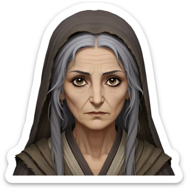 Mirri Maz Duur is a weathered, age 60 Lhazareen woman with deep-set dark eyes, high cheekbones, and a sharp nose, giving her a stern, knowing expression. Her long, unkempt dark hair streaked with gray falls loosely over her shoulders, and her earth-toned, tattered robes mark her as a humble healer. Despite her frail appearance, she exudes an aura of mystery and menace, her hands stained with herbs and blood from both healing and dark sorcery. sticker