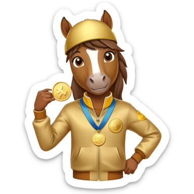 friendly anthropomorphised horse in a hip-hop outfit, wearing a gold medal sticker