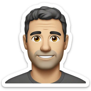 A head and shoulders shot of a 40 year old caucasian man with black short hair wearing a tshirt. sticker