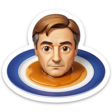 François Fillon's face and head realistically sculpted from flan, shiny caramel hair dripping and glistening, flan texture and color skin, on a white plate sticker