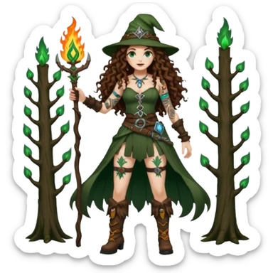 full body view of a woman with long curly brown hair, brown eyes, white skin, tattoos, wearing a forest witch outfit with high boots and rune belt, casting green flame from her hand sticker