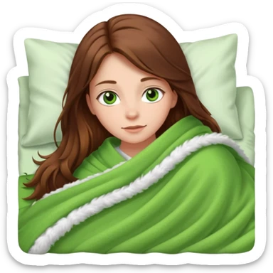girl with long brown hair and green eyes in bed under many blankets sticker