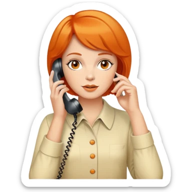 Please create an upper body emoji of a woman with short orange hair talking on a white phone from the 70s. sticker