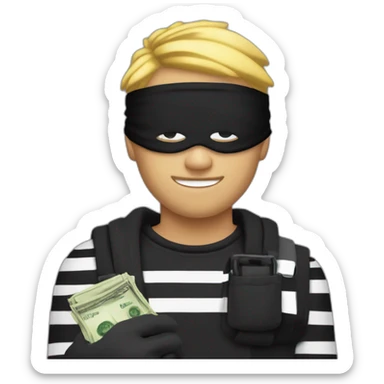 robber with blonde hair wearing a black beanie and a long sleeved white and black horizontally striped t-shirt and wearing black eye mask and holding and a bag of money in their left shoulder sticker