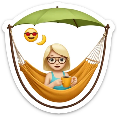 Créer un emoji stylisé et coloré représentant le week-end, joyeux et relaxant. L’emoji doit être rond, lumineux, avec un visage souriant ou des lunettes de soleil. Ajouter des éléments évoquant le repos ou le plaisir : café, hamac, soleil, musique, détente.  sticker