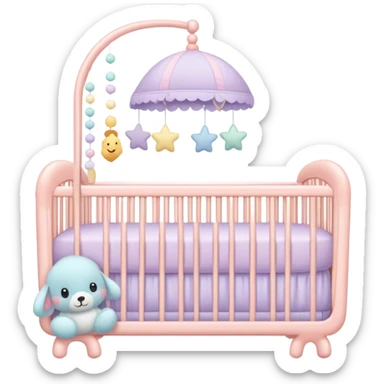 pastel baby nursery items including crib, mobile, and plush toys sticker