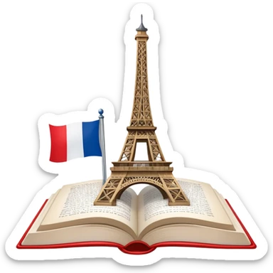 An icon featuring the Eiffel Tower and the flag of France, symbolizing the French language. The design includes an open book with French text, representing language learning and French culture. Transparent background highlights the elegance of the French-speaking world. sticker