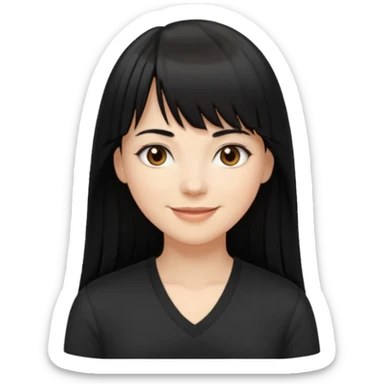 A white woman with Long straight hair with bangs, black hair, brown eyes and a black low-cut shirt smiling sticker