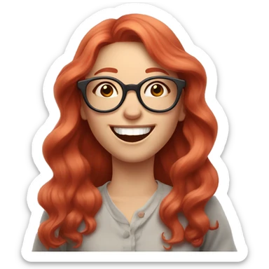 Pale, Long Wavy haired red head, girl with pink circular glasses glasses laughing and pointing sticker