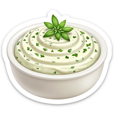 garlic and herb cream cheese thick dollop or swirl white green herb flecks garlic bits smooth glossy visible flecks optional ramekin no bread vegetables garnish or faces clean 3D soft shadows transparent background emoji scale sticker